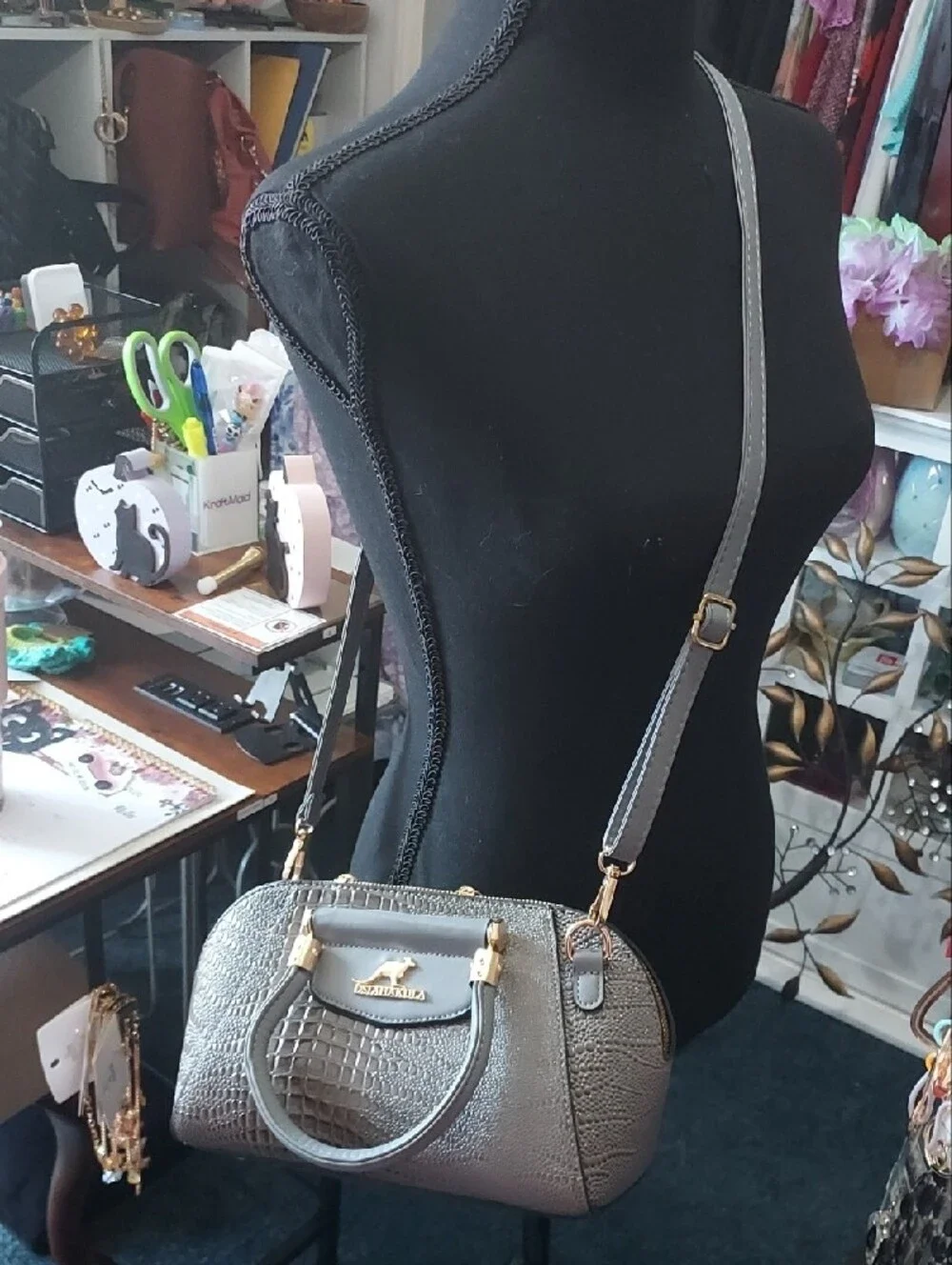 Disha Kula Gray Croc-Embossed Dome Satchel with Gold Hardware - Picture 2 of 5